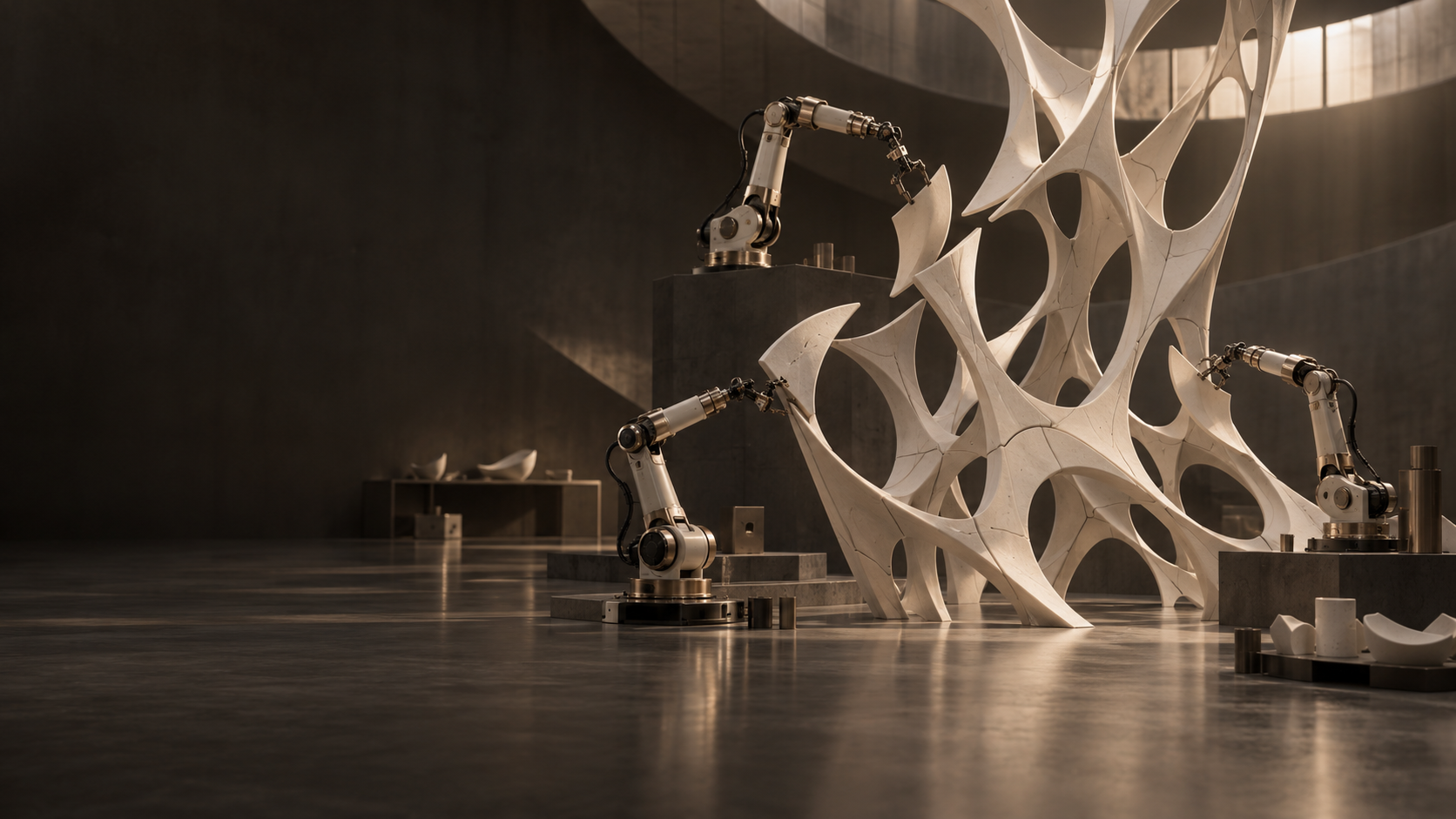 Des robots de précision assemblent une structure sculpturale en trois dimensions.